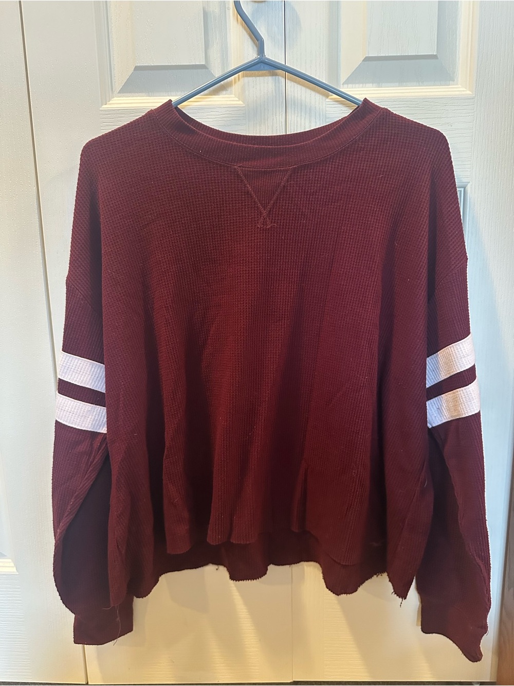 Maroon Waffle Crewneck Sweater with varsity Sleeve Stripes